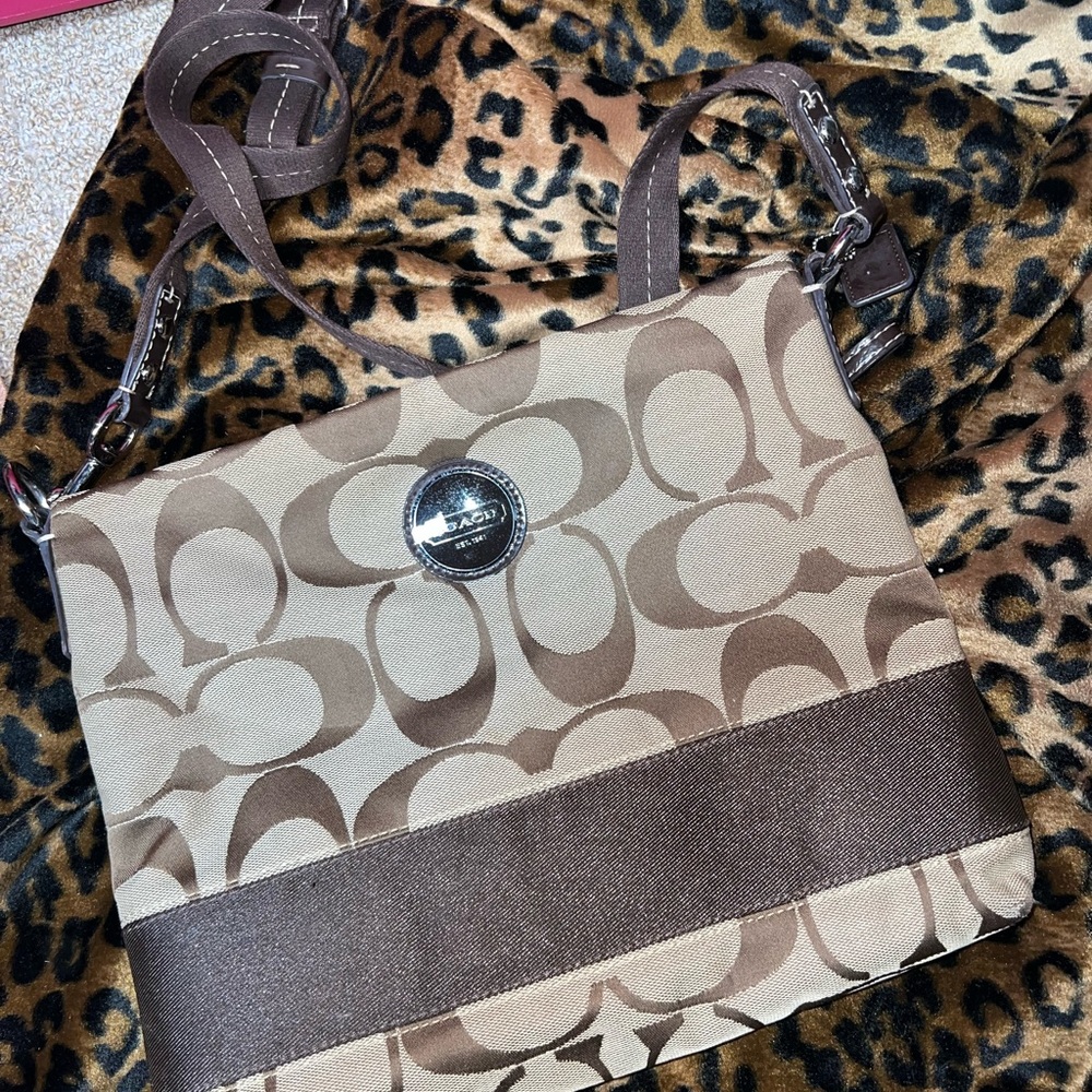 Vintage Coach Tan and Brown Signature Crossbody Bag